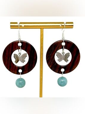 Handmade Sterling Silver & Wooden Pendant Butterfly Statement Earrings!